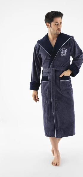 Krem  Kapüşonlu Sports Nakışlı BambuPamuklu Erkek Bornozu - 7