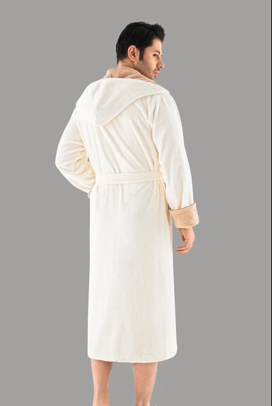 Krem  Kapüşonlu Sports Nakışlı BambuPamuklu Erkek Bornozu - 4