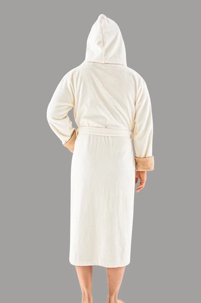 Krem  Kapüşonlu Sports Nakışlı BambuPamuklu Erkek Bornozu - 2