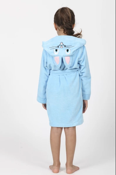 Mavi Kedi Nakış Bambu Cotton Çocuk Bornozu - 2