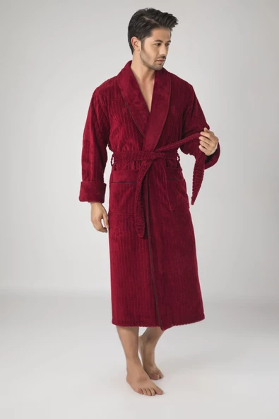 Taş Rengi Pitikare Desenli Bambo Cotton Erkek Bornozu - 5