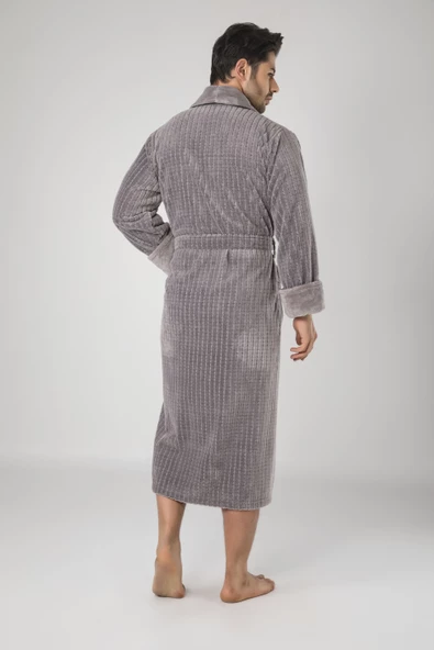 Taş Rengi Pitikare Desenli Bambo Cotton Erkek Bornozu - 2