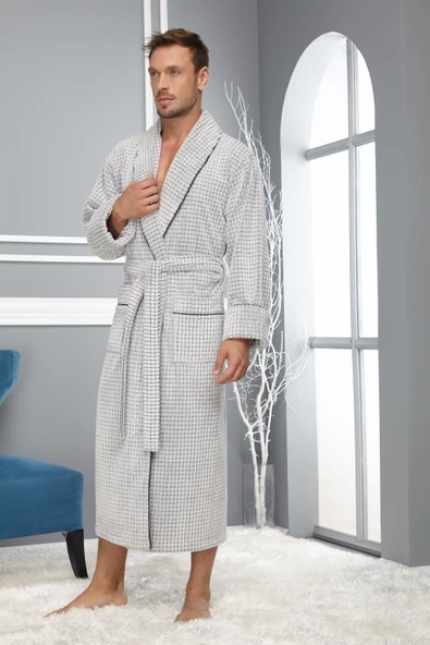 Taş Rengi Pitikare Desenli Bambo Cotton Erkek Bornozu - 3