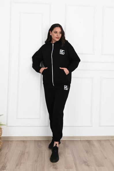 Kadın Fermuarlı Kapüşonlu Üç İplik Şardonlu Büyük Beden Eşofman Takımı 3586-23 - 2