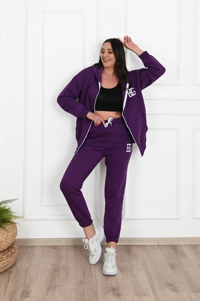 Kadın Fermuarlı Kapüşonlu Üç İplik Şardonlu Büyük Beden Eşofman Takımı 3586-23 - 8