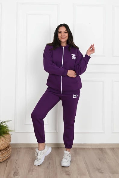 Kadın Fermuarlı Kapüşonlu Üç İplik Şardonlu Büyük Beden Eşofman Takımı 3586-23 - 10