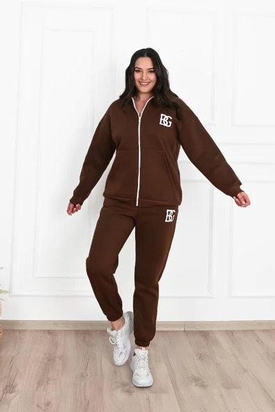 Kadın Fermuarlı Kapüşonlu Üç İplik Şardonlu Büyük Beden Eşofman Takımı 3586-23 - 12