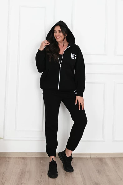 Kadın Fermuarlı Kapüşonlu Üç İplik Şardonlu Büyük Beden Eşofman Takımı 3586-23 - 6