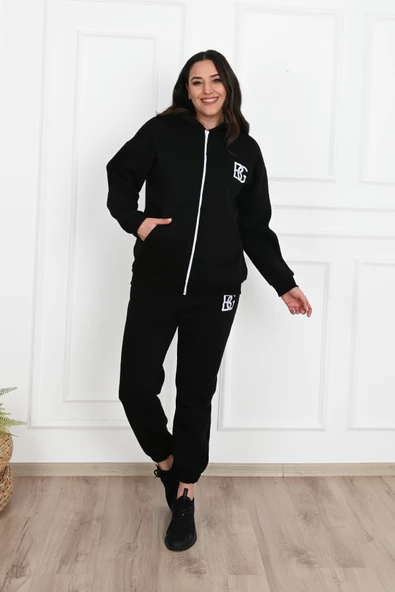 Kadın Fermuarlı Kapüşonlu Üç İplik Şardonlu Büyük Beden Eşofman Takımı 3586-23 - 3