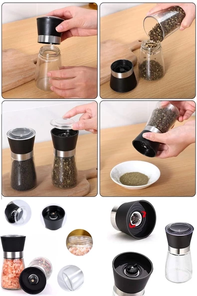 Tilbe Home 2'li Karabiber Tuzluk Değirmeni Seramik Bıçaklı Öğütücü Orta Boy Dayanıklı Cam Baharat Öğütücü Seti - Resim 3