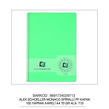 ALEX SCH.SPİRALLİ PP KAPAK ÇİZGİLİ DEFTER A4 100 YAPRAK