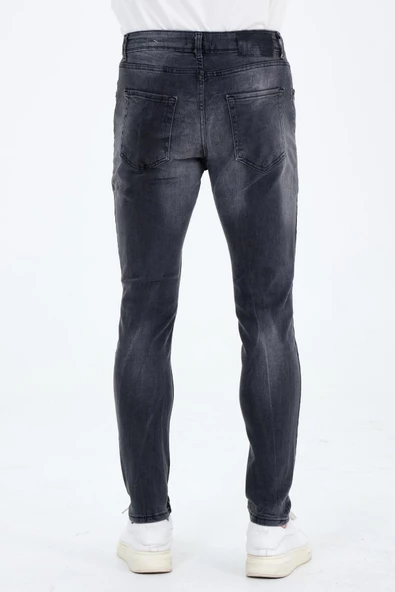Erkek Gri Slim Fit Taş Yıkamalı Kot Pantolon - 2