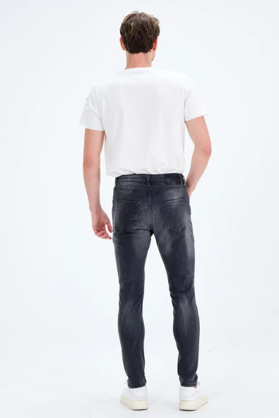 Erkek Gri Slim Fit Taş Yıkamalı Kot Pantolon - 8