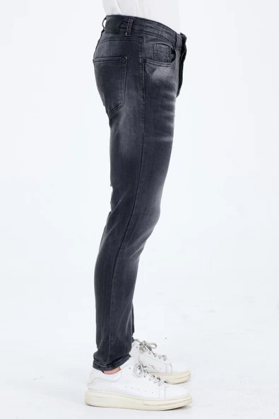 Erkek Gri Slim Fit Taş Yıkamalı Kot Pantolon - 3