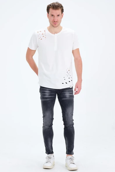 Erkek Gri Slim Fit Taş Yıkamalı Kot Pantolon - 6