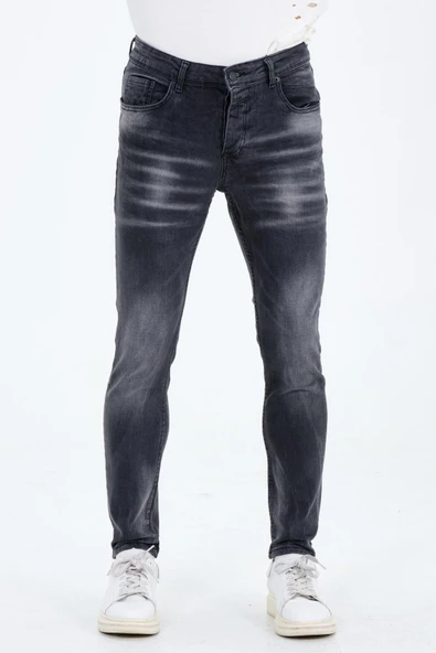 Erkek Gri Slim Fit Taş Yıkamalı Kot Pantolon