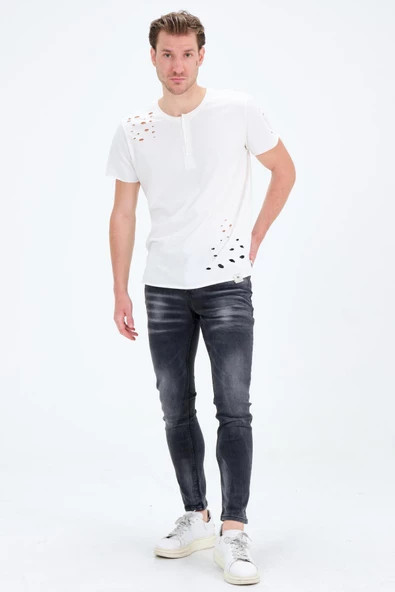 Erkek Gri Slim Fit Taş Yıkamalı Kot Pantolon - 7