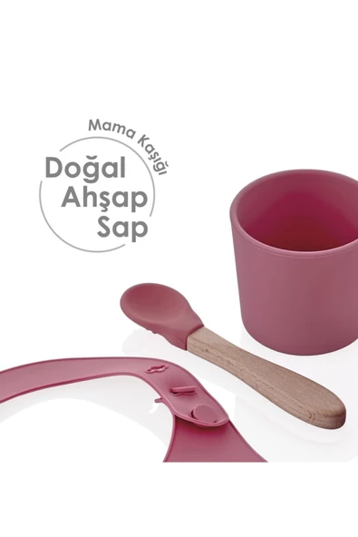 Babyjem Silikon Beslenme Seti Pembe - Bpa Içermeyen Silikon Önlük & Tabak & Bardak & Kaşık - 2