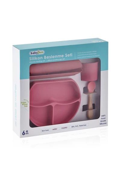 Babyjem Silikon Beslenme Seti Pembe - Bpa Içermeyen Silikon Önlük & Tabak & Bardak & Kaşık - 4