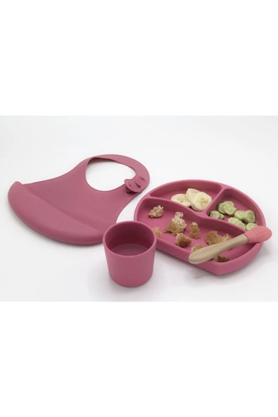 Babyjem Silikon Beslenme Seti Pembe - Bpa Içermeyen Silikon Önlük & Tabak & Bardak & Kaşık - 3