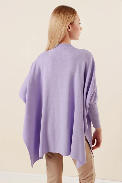 Kadın Yan Yırtmaçlı Oversize Panço Kazak Lila - 6