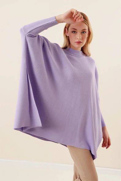 Kadın Yan Yırtmaçlı Oversize Panço Kazak Lila - 4