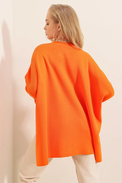 Kadın Yan Yırtmaçlı Oversize Panço Kazak Oranj - Resim 6