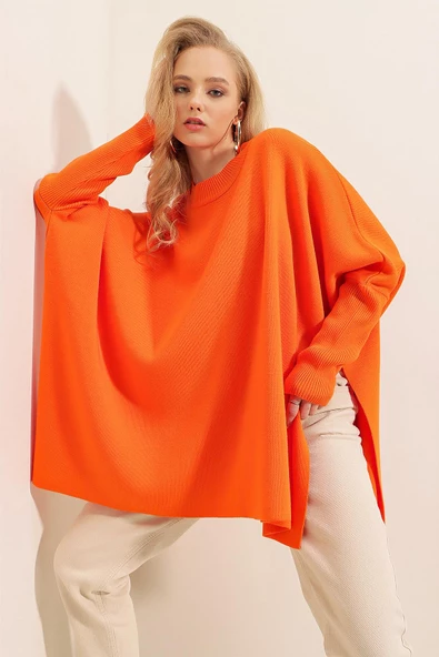 Kadın Yan Yırtmaçlı Oversize Panço Kazak Oranj - Resim 2