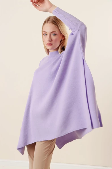 Kadın Yan Yırtmaçlı Oversize Panço Kazak Lila - 5