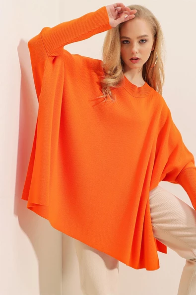 Kadın Yan Yırtmaçlı Oversize Panço Kazak Oranj - Resim 3