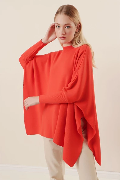 Kadın Yan Yırtmaçlı Oversize Panço Kazak Turuncu - Resim 4