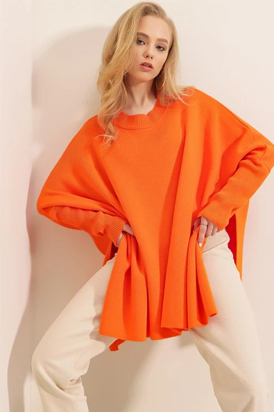 Kadın Yan Yırtmaçlı Oversize Panço Kazak Oranj - Resim 5