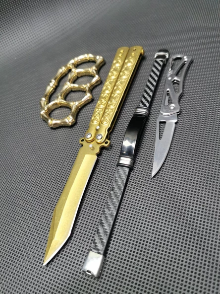 21 cm Gold Renk Kuru Kafa Desenli Klipsli 4'lü Çakı Seti