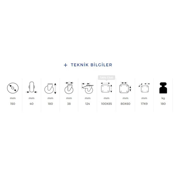 Kama Frenli Oynak Tablalı 150x40 mm Teker Poliamid Beyaz Burçlu Ağır Yük Tekeri - 2