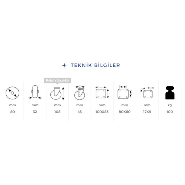 Kama Frenli Oynak Tablalı 100x32 mm Teker Poliamid Beyaz Burçlu Ağır Yük Tekeri - 2