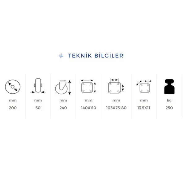 Kama Sabit Tablalı 200x50 mm Teker Poliamid Beyaz Burçlu Ağır Yük Tekeri - Resim 2