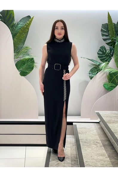 Modatalika Kadın Yırtmaçlı Kemer Detaylı Abiye Elbise ürün görseli 1