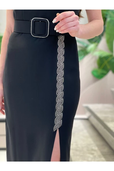 Modatalika Kadın Yırtmaçlı Kemer Detaylı Abiye Elbise - Resim 5