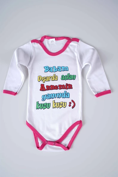YENİ SEZON BABAM DIŞARDA ASLAN YAZILI BEBEK ÇOCUK UZUN KOL PAMUK BADY ZIBIN - 5