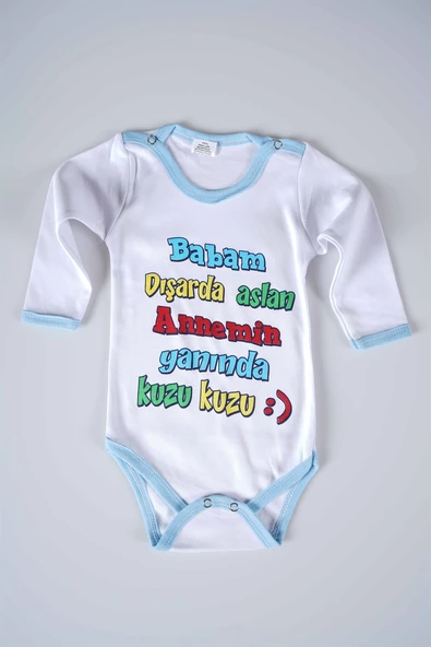YENİ SEZON BABAM DIŞARDA ASLAN YAZILI BEBEK ÇOCUK UZUN KOL PAMUK BADY ZIBIN - 3
