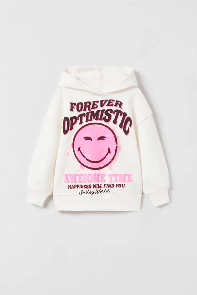 KIZ ÇOCUK SMILE BASKILI KAPŞONLU PAMUK SWEAT