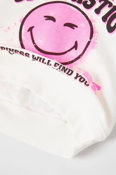 KIZ ÇOCUK SMILE BASKILI KAPŞONLU PAMUK SWEAT - 3