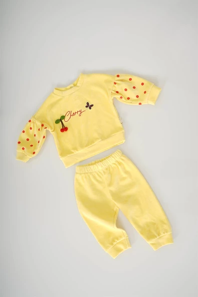 KIZ BEBEK KİRAZ CHERRY FİGÜRLÜ KADİFE TAKIM - 1