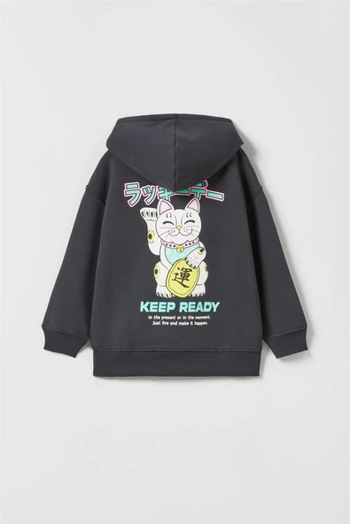 KIZ ÇOCUK KEDİ DESENLİ KAPŞONLU PAMUK SWEAT - 2
