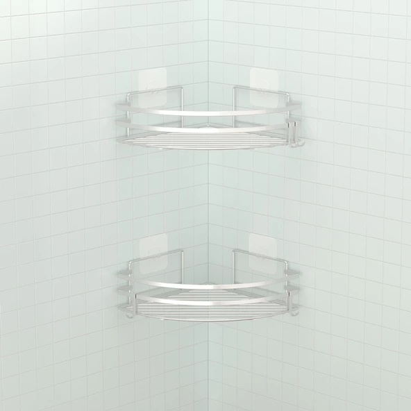 TEKNOTEL YAPIŞKANLI KANCALI 2 ADET BANYO KÖŞE RAFI SİLVER ST207H - 2