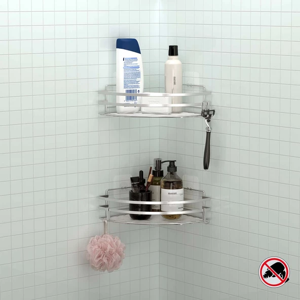 TEKNOTEL YAPIŞKANLI KANCALI 2 ADET BANYO KÖŞE RAFI SİLVER ST207H