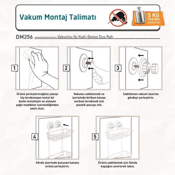 TEKNOTEL DELME VİDA MATKAP YOK! VAKUMLU İKİ KATLI BANYO RAFI MAT SİYAH DM256 - 4