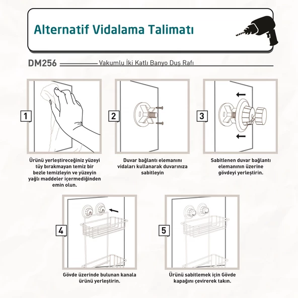 TEKNOTEL DELME VİDA MATKAP YOK! VAKUMLU İKİ KATLI BANYO RAFI MAT SİYAH DM256 - 5
