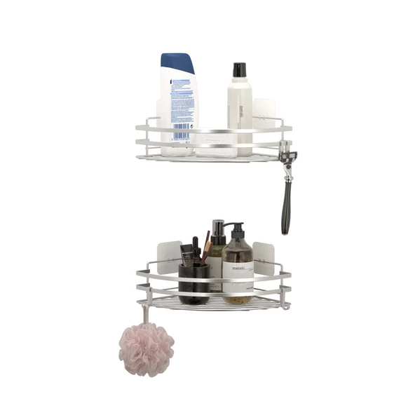 TEKNOTEL YAPIŞKANLI KANCALI 2 ADET BANYO KÖŞE RAFI SİLVER ST207H - 3