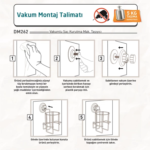 TEKNOTEL DELME VİDA MATKAP YOK! VAKUMLU FÖN TUTUCU FÖN ASKISI MAT SİYAH DM262 - 5
